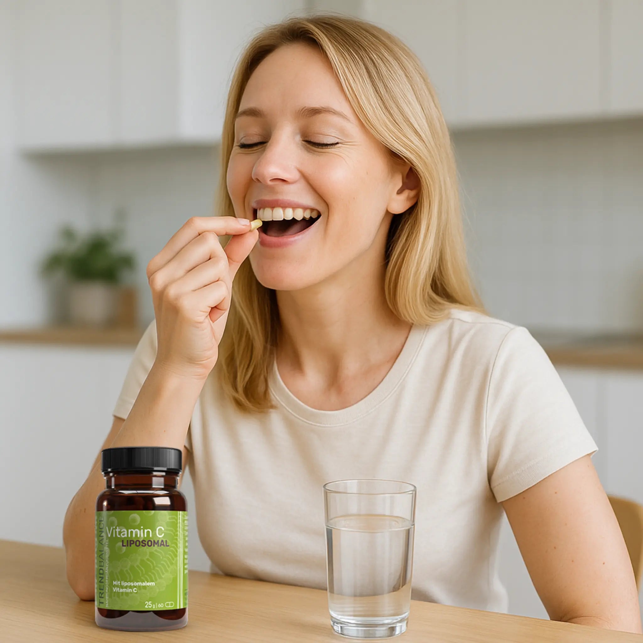 Liposomales Vitamin C Produktbild mit Frau Einnahme